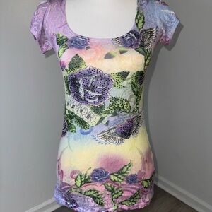 Ocean Blue Amor Rhinestone‎ Tattoo Graphic Tee Lace Back Pastel Roses Y2K Sz S